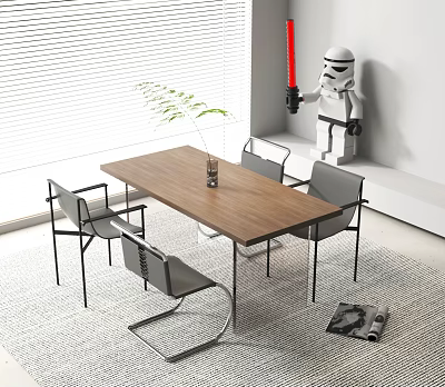 Modern Wooden Dining Table Set With Grey Chairs Green Plant Vase And Blinds 3d model