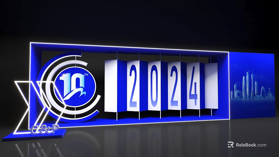 Art Installation with Blue Background Circular Logo Number 10 Flip Panels 2024 Modern Blue Lighting 3d model 