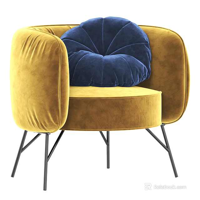 Stylish Yellow Velvet Single Sofa With Blue Cushion And Black Metal Legs 3d model 