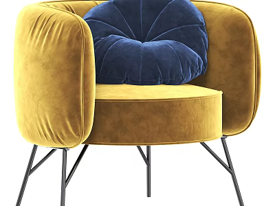 Stylish Yellow Velvet Single Sofa With Blue Cushion And Black Metal Legs 3d model