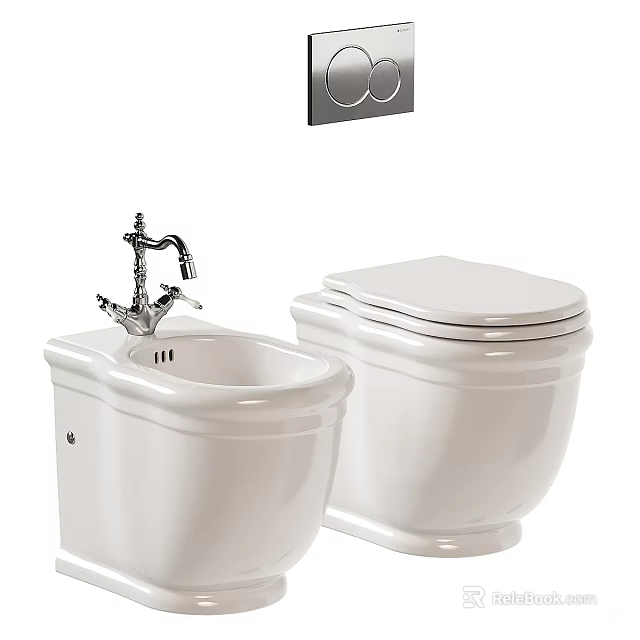 Modern White Toilet With Bidet Faucet And Wall Mounted Control Panel 3d model 