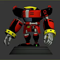 Red And Black Robot Character With Yellow Accents 3D Model Figurine On Transparent Base