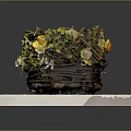 Household Decorative Woven Basket with Yellow White Flowers Green Foliage on Marble Surface
