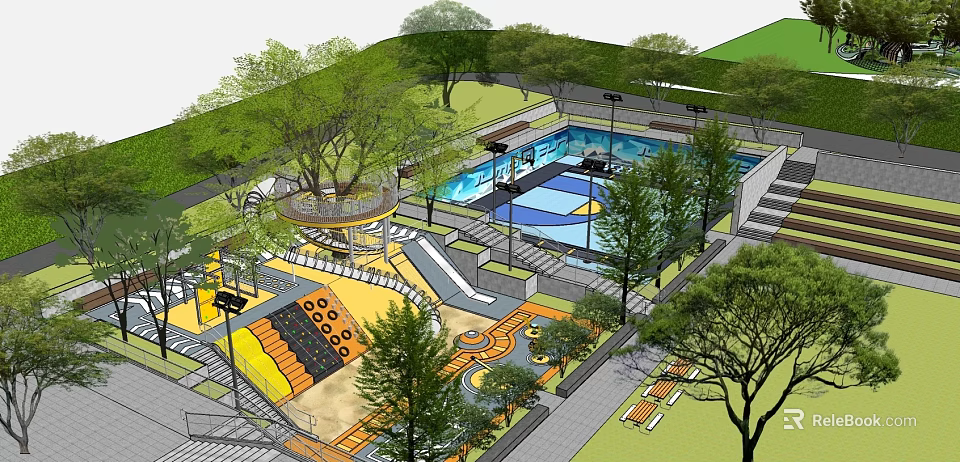 Scenic Park Landscape With Swimming Pool Play Area Trees And Benches 3d model 