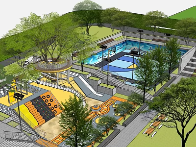 Scenic Park Landscape With Swimming Pool Play Area Trees And Benches 3d model