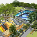 Scenic Park Landscape With Swimming Pool Play Area Trees And Benches