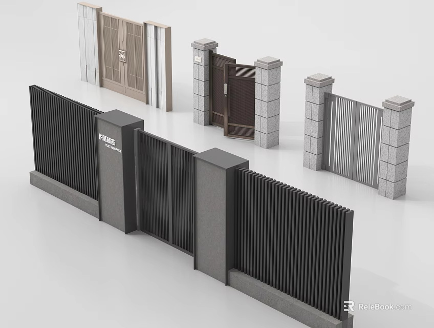 Various Modern Gate Designs Featuring Metal Slats Stone Pillars And Paneled Structures 3d model