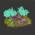 Miniature Garden Scene With Green Trees Small Pavilion Flowers And Stones