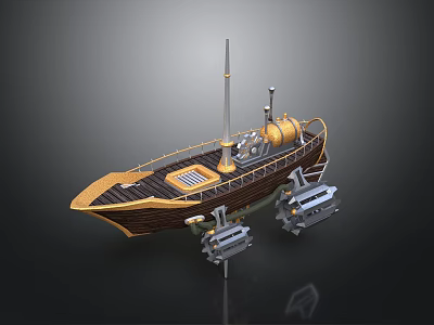 Detailed Steampunk Wooden Boat Model With Yellow Chimney Mast And Side Propellers 3d model