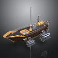 Detailed Steampunk Wooden Boat Model With Yellow Chimney Mast And Side Propellers