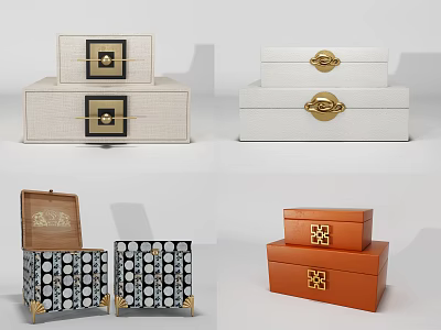 Elegant Decorative Ornament Set With Various Design Beige White Orange Boxes And Golden Clasps 3d model