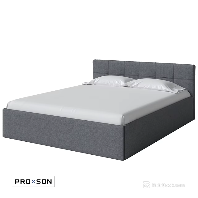 Modern Gray Double Bed With Upholstered Square Headboard And White Mattress 3d model 