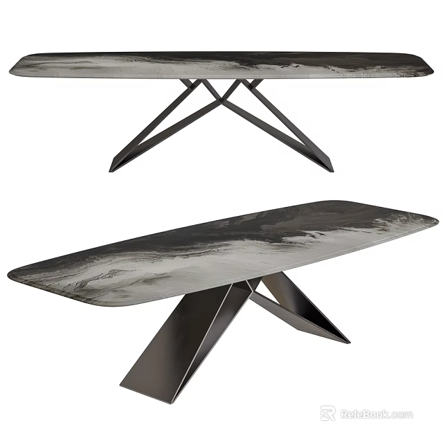 Modern Minimalist Dining Table With Textured Marble Top And Metal X Shaped Legs 3d model 