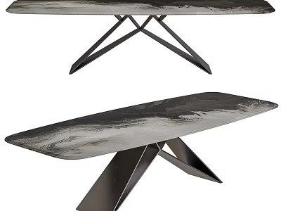 Modern Minimalist Dining Table With Textured Marble Top And Metal X Shaped Legs 3d model