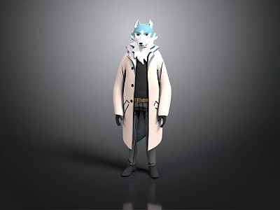 Anthropomorphic 3D Character With Blue Ears White Long Coat Black Inner Shirt Gloves And Boots 3d model