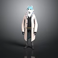 Anthropomorphic 3D Character With Blue Ears White Long Coat Black Inner Shirt Gloves And Boots