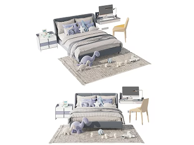 Gray Kids Bed With Pillows Side Table Lamp Yellow Chair And Dinosaur Toy On Rug 3d model