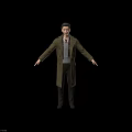 Man In Long Coat With Striped Shirt Tie And Outstretched Arms On Gray Background
