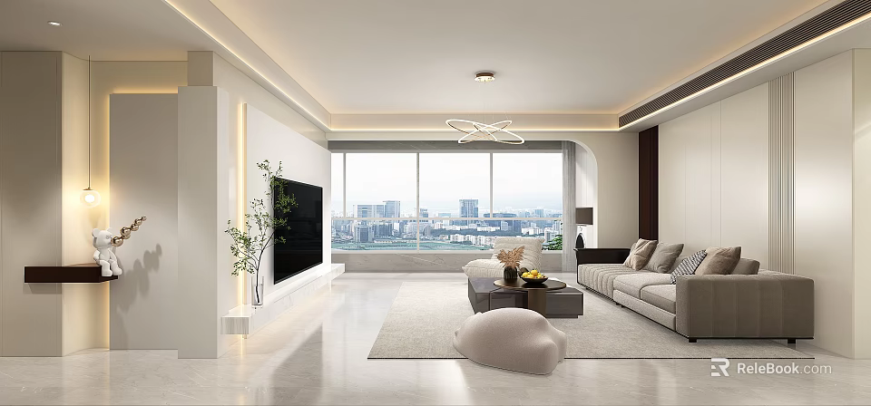 Modern Living Dining Room Interior With Large Windows City View Grey Sofa TV And Chandelier 3d model 