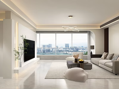 Modern Living Dining Room Interior With Large Windows City View Grey Sofa TV And Chandelier 3d model