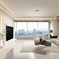 Modern Living Dining Room Interior With Large Windows City View Grey Sofa TV And Chandelier