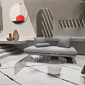 Modern Living Room Interior With Circular Mirror Arched Doorway Gray Sofa And Glass Coffee Table