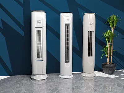 Modern Tower Air Cooler Fans With Three Units Against Deep Blue Wall And Green Plant 3d model