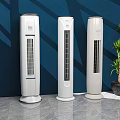 Modern Tower Air Cooler Fans With Three Units Against Deep Blue Wall And Green Plant