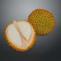 Fresh Whole and Halved Durian with Exposed White Flesh Close Up View