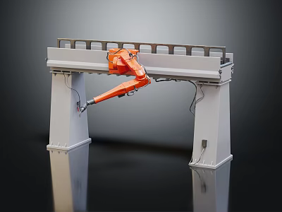 Orange Intelligent Robotic Arm Mounted on Gray Industrial Gantry Structure 3d model