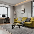Cozy Study Room Interior With Yellow Sofa Gray Rug Wooden Floor And Bookshelves