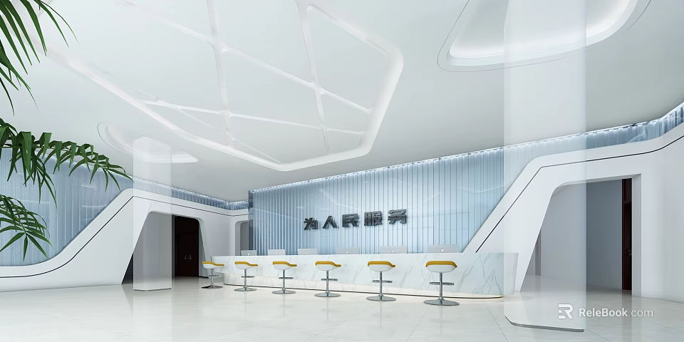 Modern Public Service Hall Interior With Serve the People Sign Blue Counter And Yellow Seats 3d model 