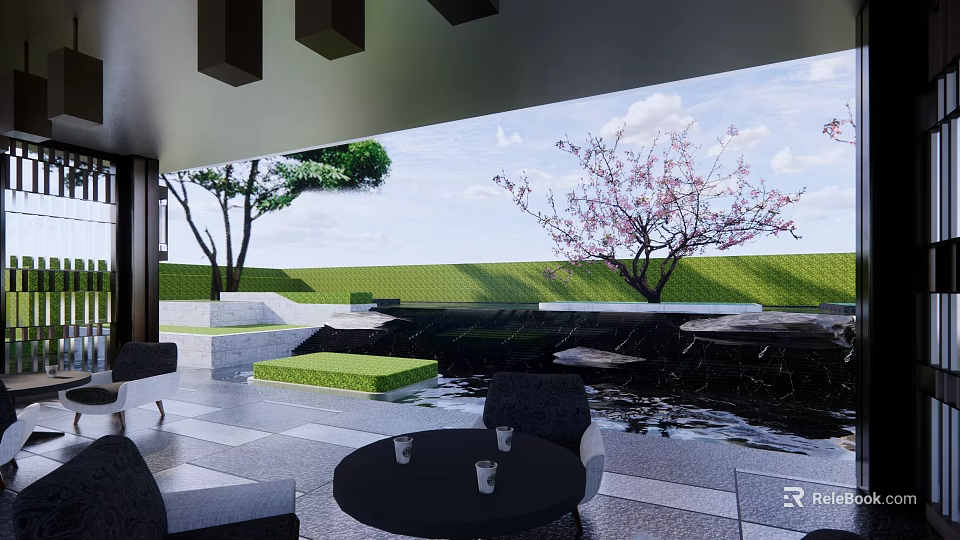 Serene Garden Landscape With Green Lawn Cherry Blossom Tree Water Pond And Paved Seating Area 3d model 