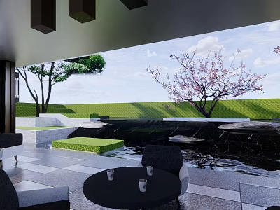 Serene Garden Landscape With Green Lawn Cherry Blossom Tree Water Pond And Paved Seating Area 3d model