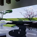 Serene Garden Landscape With Green Lawn Cherry Blossom Tree Water Pond And Paved Seating Area