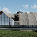 Modern Homestay Building with Curved Roof Large Glass Windows Waterfront Setting and Trees