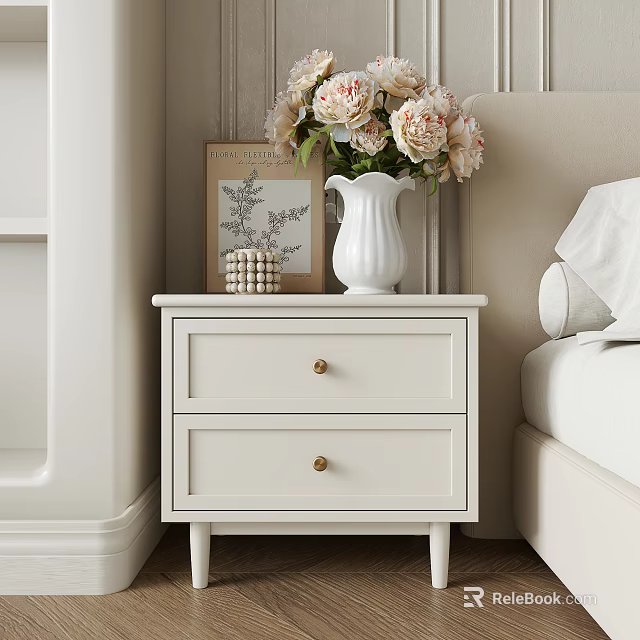 White Bedside Cabinet With Two Drawers Vase Flowers Cube Decor And Art Next To Bed 3d model 