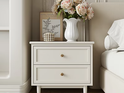 White Bedside Cabinet With Two Drawers Vase Flowers Cube Decor And Art Next To Bed 3d model