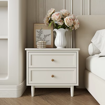 White Bedside Cabinet With Two Drawers Vase Flowers Cube Decor And Art Next To Bed 3d model