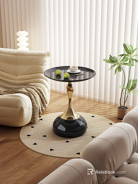 Elegant Round Black Side Table With Golden Base And Green Plant Near Beige Sofa 3d model 