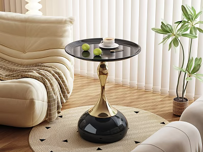 Elegant Round Black Side Table With Golden Base And Green Plant Near Beige Sofa 3d model