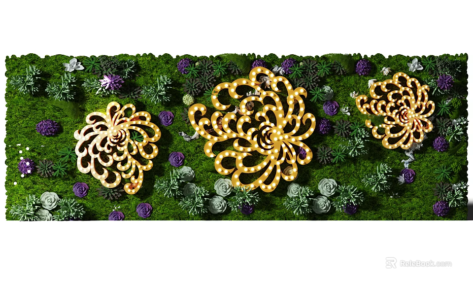 Green Plant Wall Decorated With Green Plants Purple Small Flowers And Spiral Shaped Golden Decorations 3d model 