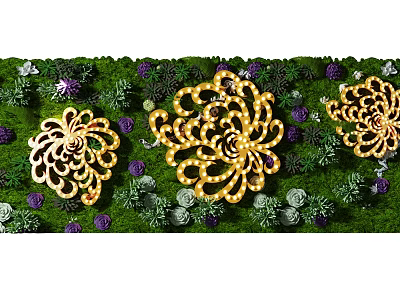 Green Plant Wall Decorated With Green Plants Purple Small Flowers And Spiral Shaped Golden Decorations 3d model
