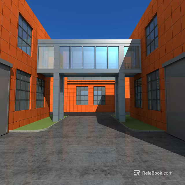 Modern Elevator Corridor With Glass Structure Orange Walls Windows Gray Floor And Green Lawns 3d model 
