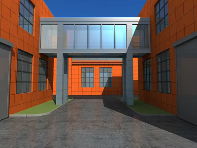 Modern Elevator Corridor With Glass Structure Orange Walls Windows Gray Floor And Green Lawns 3d model