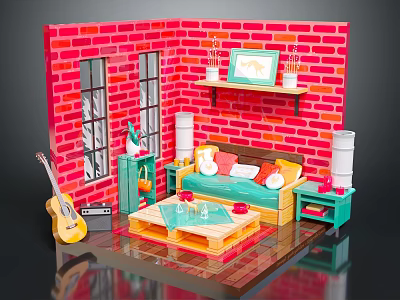 Kids Playroom Setup with Red Brick Wall Green Cabinet Orange Sofa Coffee Table and Guitar 3d model