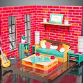 Kids Playroom Setup with Red Brick Wall Green Cabinet Orange Sofa Coffee Table and Guitar