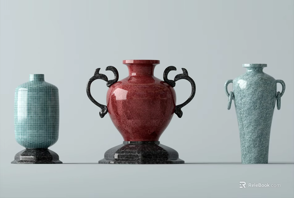 Ceramic Vessels In Turquoise And Red With Decorative Handles And Textured Surfaces 3d model 