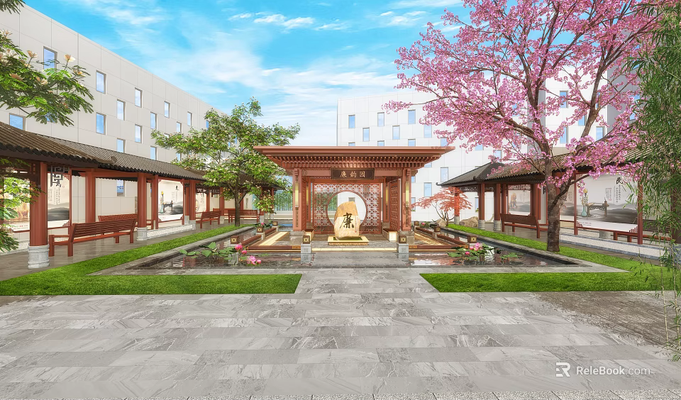 Traditional Pavilion Park Landscape With Pink Blossom Trees Green Lawn Stone Pathway And Modern Background 3d model 