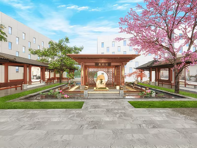 Traditional Pavilion Park Landscape With Pink Blossom Trees Green Lawn Stone Pathway And Modern Background 3d model
